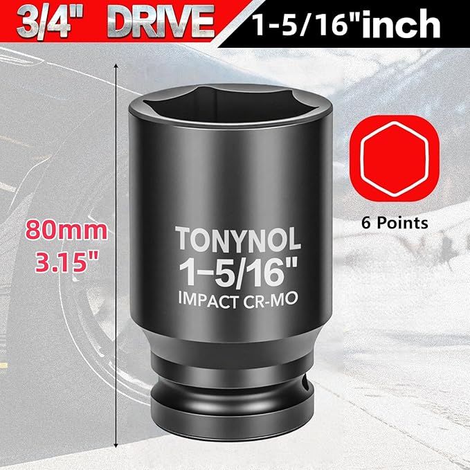 3/4" Inch Drive Deep Impact Socket,6-Point,SAE 1-5/16",80mmL,CR-MO,Heavy-Duty Automotive & Industrial Repair