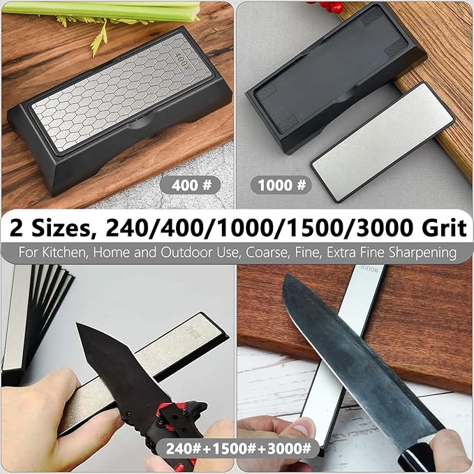 Diamond Sharpening Stone Set, Knife Sharpener Stone, 2 Side Grit 400/1000, 240/1500/3000 Grit Portable Hone Sharpener, Diamond Plate Honing Stone, 2 Sizes Whetstone Tool with Non-Slip Base