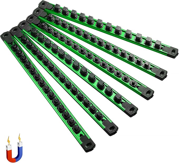 ALOANES 6-Piece Magnetic Socket Organizer, Heavy Duty Aluminum Socket Rails Organizer, 360째 Swivel Clips Socket Holder Kit for Tool Box, 1/2, 3/8, 1/4-Inch Socket Holder x 80 Clips (Green)