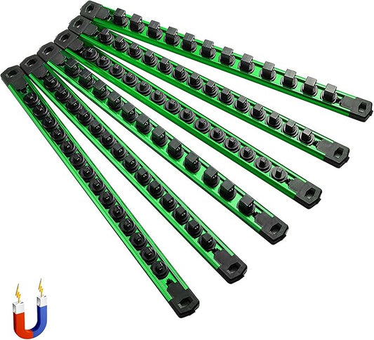 ALOANES 6-Piece Magnetic Socket Organizer, Heavy Duty Aluminum Socket Rails Organizer, 360째 Swivel Clips Socket Holder Kit for Tool Box, 1/2, 3/8, 1/4-Inch Socket Holder x 80 Clips (Green)