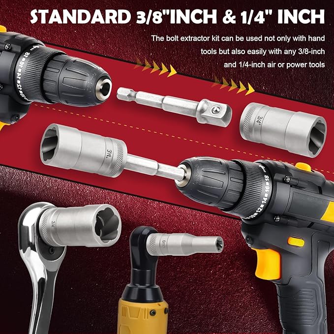 33mm Deep Reach Bolt Extractor Kit, with 3/8, 1/4 Inch Adapter, Ez Out Deep Broken Lug Nut Removal Socket Set, Easy-Out Spark Plug Remover Tool, for Stripped Rusted Bolts, Stud, Nuts Screw (32-Pieces)
