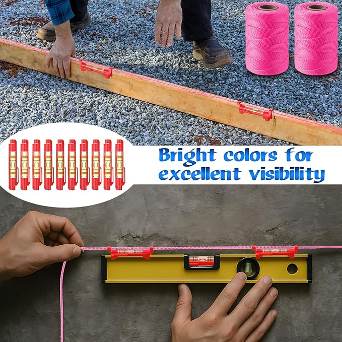 2 Pack #18 500 ft Mason Line String & 10 Pack Built-in Levels, String Level Line Kit for DIY, Gardening Work, Construction Twine Outdoor Projects Layout Brick Working(Fluorescent Pink)