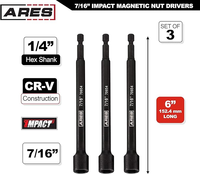 ARES 27010-3-Piece 7/16-Inch Magnetic Impact Nut Driver Bit Set - 6-Inch Length - Impact Grade Nut Setters with Industrial Strength Magnets