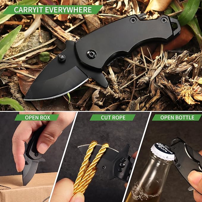 Small Pocket Knife for men, 1.58 Inch Blade, Black Stainless Steel, Compact Keychain knife with Safety Lock and Clip for Camping, Hiking, Daily Tasks, Mini Folding Box Cutter EDC Gadgets Tools