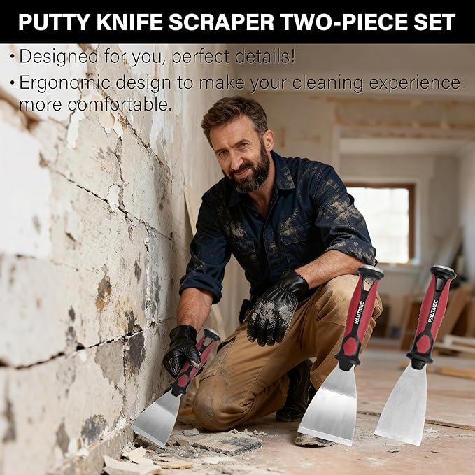 HAUTMEC 2pc Putty Knife Set, 2.5 in Straight and 3 in Offset Scrapers, Heavy Duty Stainless Steel Blade and Hammer End for Removing Wallpaper, Applying Putty, Plaster, Cement HT0061-PT