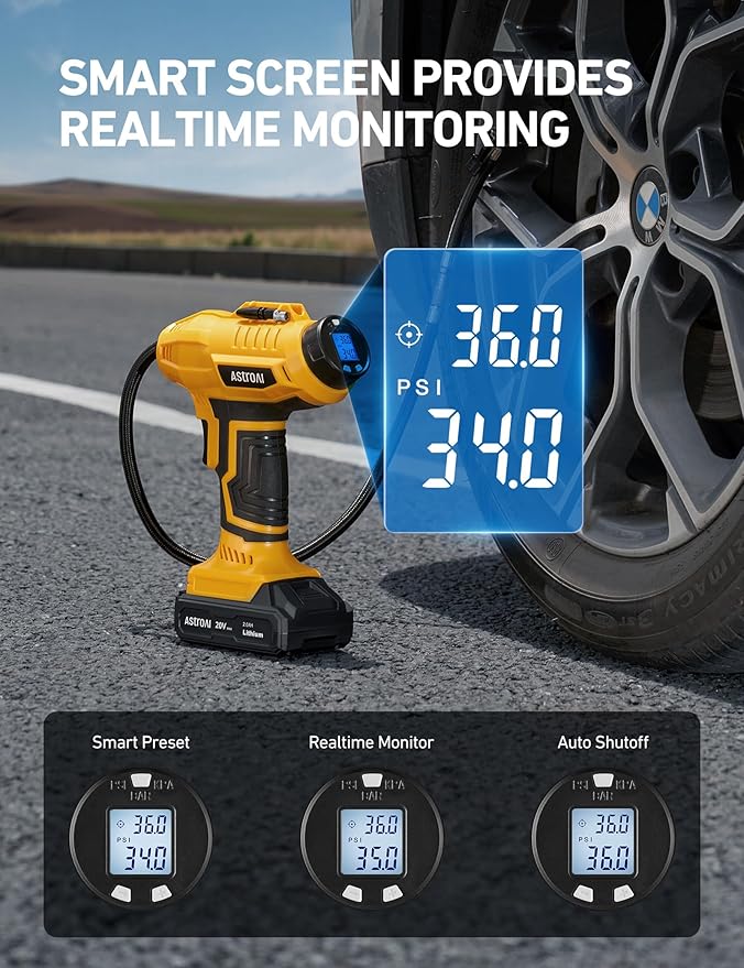AstroAI Cordless Tire Inflator Air Compressor 20V Rechargeable Battery Powered 160PSI Portable Air Pump with 12V Car Power Adapter Digital Pressure Gauge for Cars Motorcycles JY16P160-18竊뉱2竊뎋ellow