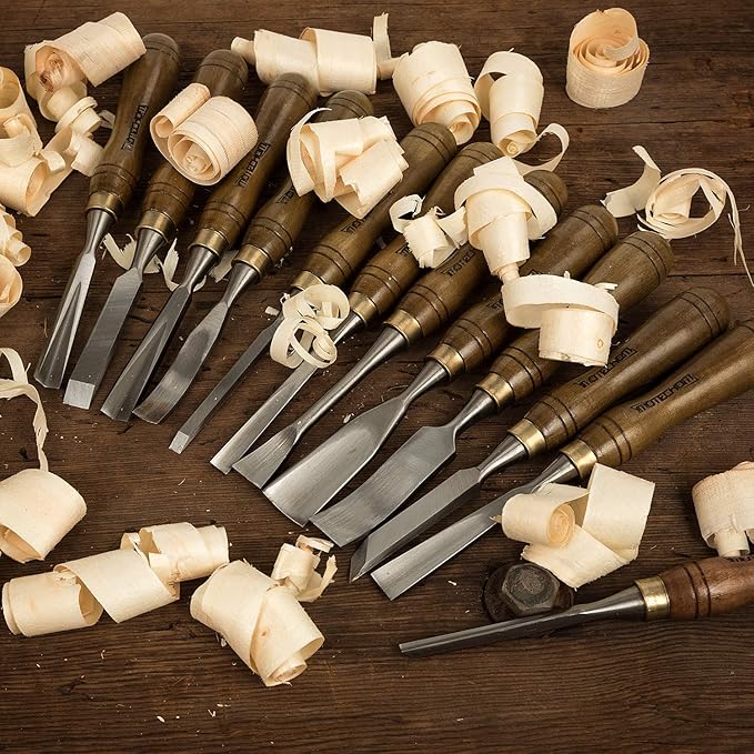 12-Pieces Woodworking Wood Carving Tools Chisel Set with Wooden Box, Razor Sharp CR-V 60 Steel Blades