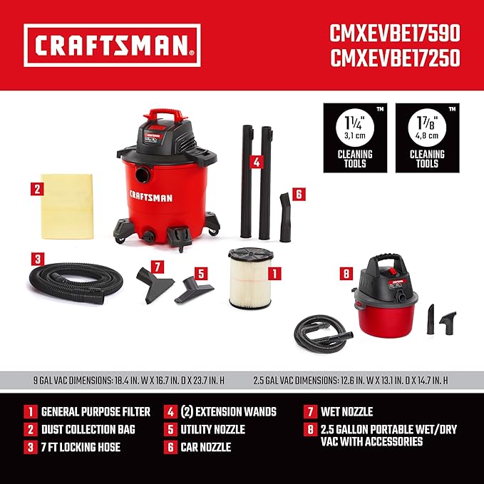 CRAFTSMAN CMXEVBE17590 9 Gal. 4.25 Peak HP Wet Dry Vac with Filter, Dust Bag, Hose, Attachments CMXEVBE17250 2.5 Gal. 2.5 Peak HP Portable Vac with Filter Bag, Hose and Attachments