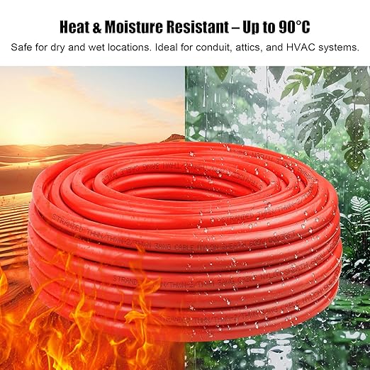 XRDS -RF 3 Gauge THHN Wire, 100FT Red Stranded Copper Electrical Wire, 600V, Heat & Oil Resistant, Nylon Sheath Building Wire for Indoor/Outdoor Use