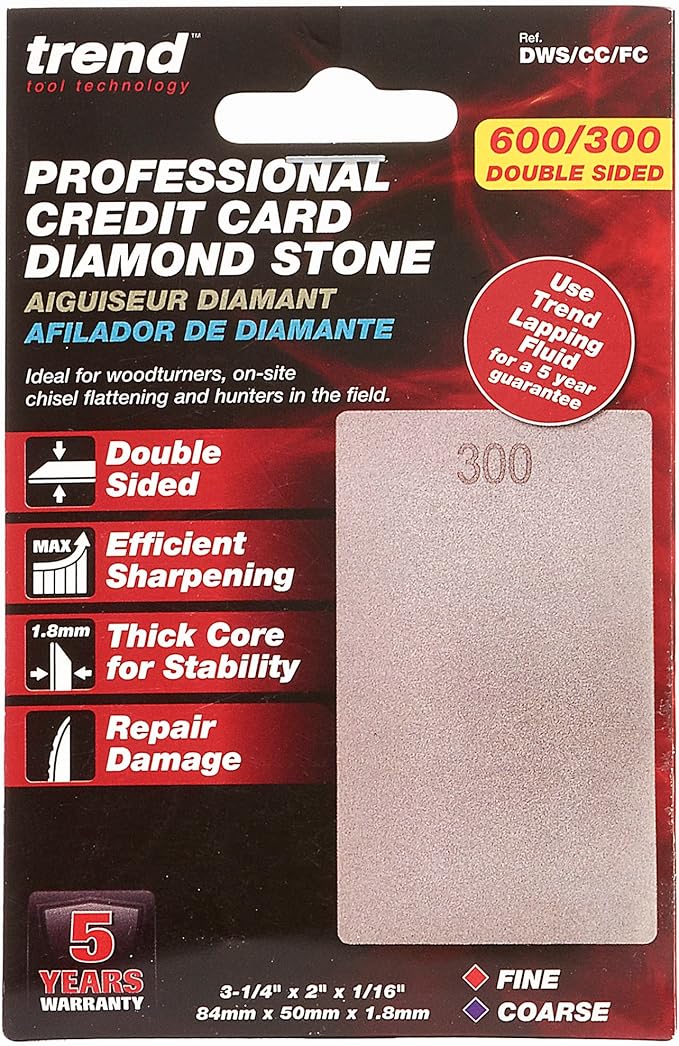 Trend 3-Inch Double-Sided Diamond Sharpening Stone, 300 & 600 Grit, Credit Card Sized Honing Stone with Storage Wallet, DWS/CC/FC