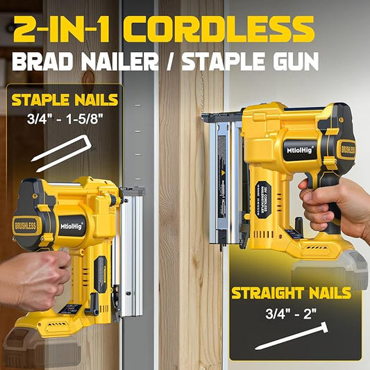 Cordless 2" Brad Nailer Compatible with Dewalt 20V Battery (No Battery), 2-in-1 Electric Nail Gun/Staple Gun, 18 Gauge Nail Gun Battery Powered with 1000 Nails for Wood Carpentry