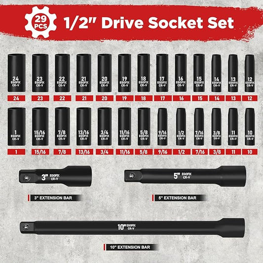29 Pieces 1/2" Socket Set, Drive Deep Impact Socket Set with 3", 5", 10" Extension Bars, 6 Point SAE and Metric (3/8"-1", 10mm-24mm), Cr-V Steel
