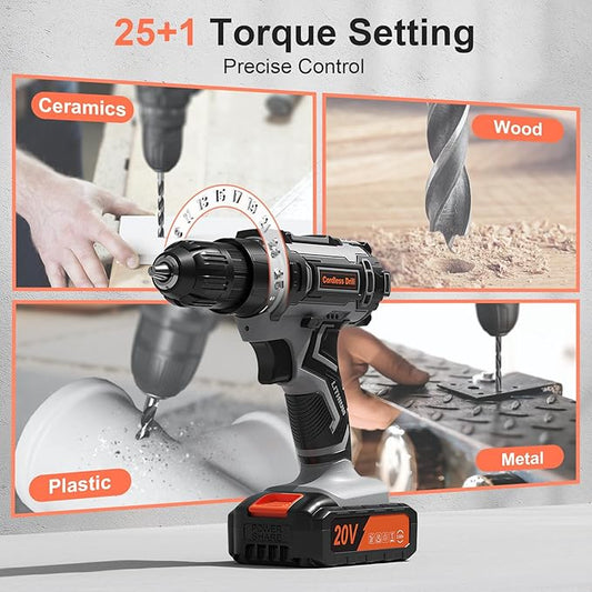 Cordless Drill Set, VIWKO 20V Power Drill with Power Pack 2.0Ah and Charger, 3/8-Inch Keyless Chuck Electric drill, 25+1 Position, 42pcs Drilldriver Bits/Screws for DIY Projects (Black Grey)