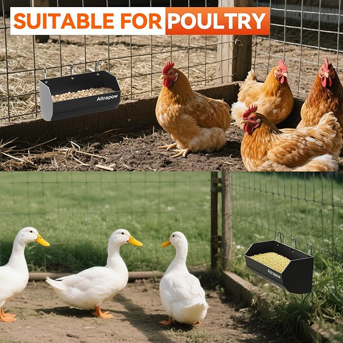 4.5 Quart Hanging Goat Feeder [Material of Metal] with Clips and Nylon Tie Wraps, Fence Feeder [Sturdy and Durable] for Goat, Pig and Dog, Black, 4 Pack