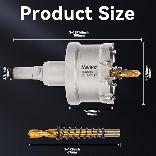 Hole Saw 1-7/8" (48mm) Heavy Duty Carbide with 2 Pilot Drill Bits - Metal Hole Cutter Cuts Stainless Steel, Iron, Copper, Brass, Plastic
