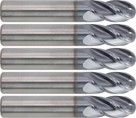 CME 5 pcs Micrograin Carbide End Mills, Ball Nose, TiAlN Coated, 1/2" Mill Diameter, 1" Length of Cut, 3" Overall Length, 4 Flute, Center Cutting