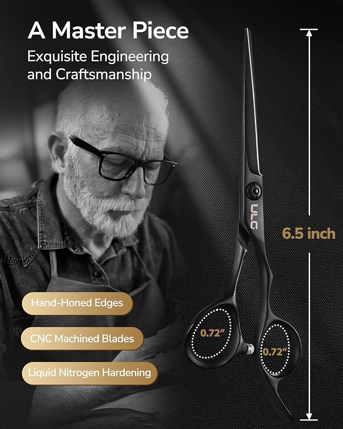 ULG Professional Hair Cutting Scissors 6.5 Inch ??Japanese Stainless Steel Barber Shears for Salon & Home Haircut, Ergonomic Offset Handles with Silencer, Hand-Honed Sharp Blades, Matte Black