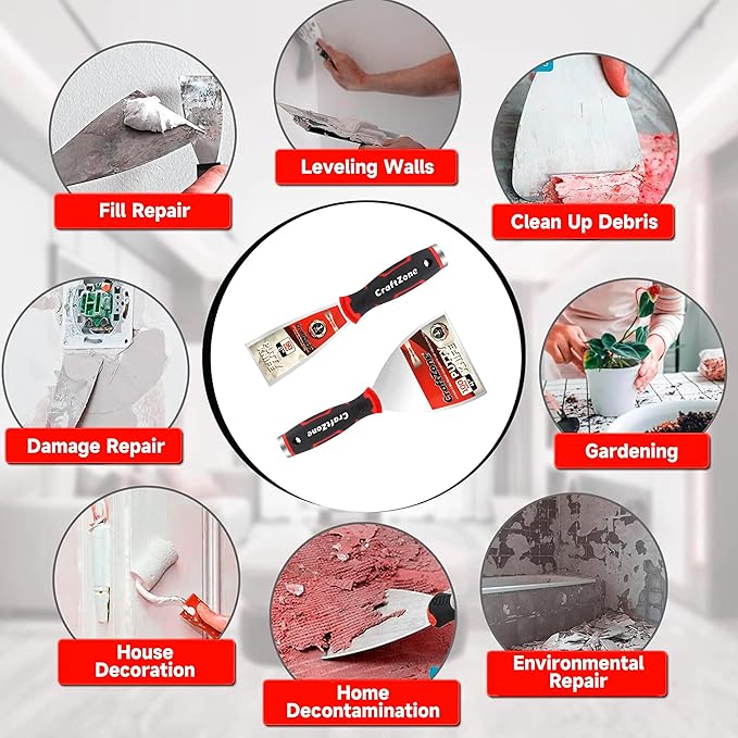 3 Piece Putty Knife & Gloves Set - 2" & 4" Stainless Steel Scraper Tool for Wall Repair Paint Scraper Art Auto & Kitchen Rustproof Durable with Non-Slip Grip DIY Contractors Renters (Gloves Included)