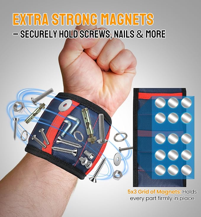 HiRui Magnetic Wristband for Tools ??Ultra-Strong 15 Neodymium Magnets Hold Screws, Nails & Bits, Dual Pockets ??Hands?멑ree for DIY, Home Repairs, Auto ??Gift?멢eady for Dad, Husband, Grandpa (Blue)