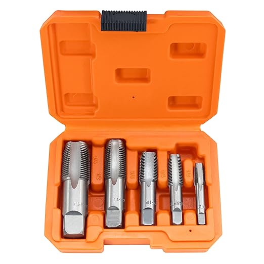 HFS(R) 5PCS NPT Pipe Tap Set 竊?/8", 1/4", 3/8", 1/2" and 3/4", with Plastic Case for for Accurate Threads, Assorted Plumbers Mechanics DIY Thread Cutting Tools