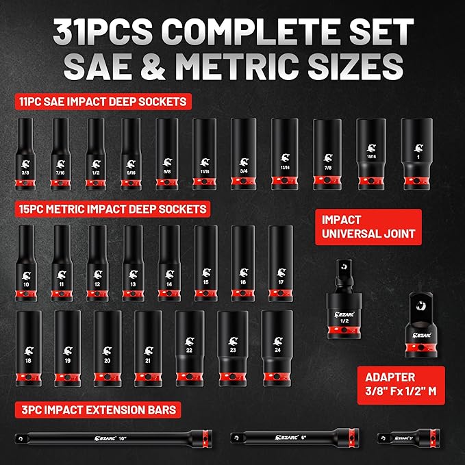EZARC 1/2" Drive Impact Socket Set, 31-Piece SAE (3/8?? in) and Metric (10??4 mm) Deep Sockets, CR-V Material, 3/6/10 in Extensions, Universal Joint & Adapter, Storage Case