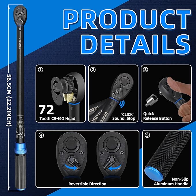 UYECOVE 1/2-Inch Drive Click Torque Wrench, Dual-Direction Click Professional Torque Wrench 40-300FT.LB/33.9-339N.M, Dual Range Scales Graduated in FT.LB and N.M, Blue