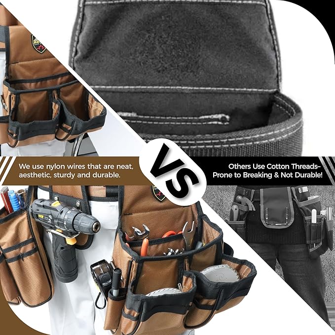 ZAKCO Professional 1680D Polyester Tool Belt with Suspender, Strudy Tool Belt for Carpenters, Framers, Electricians, Plumbers, Hanyman & DIY (Khaki, Full Size)