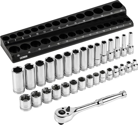 ARES 47004-32-Piece 3/8-inch Drive Metric Socket and 90-Tooth Ratchet Set with Magnetic Organizer - Sizes 6mm to 20mm Deep and Shallow Sockets