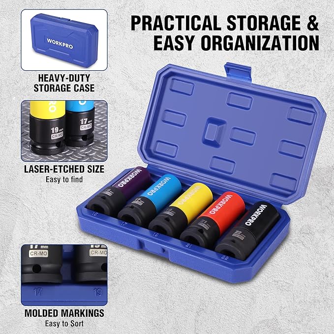 WORKPRO 1/2" Drive Lug Nut Socket Set, 5 Pieces 15 17 19 21 22 MM Non-Marring Lug Nut Wheel Socket Set, Thin Wall Wheel Protector Nut Socket