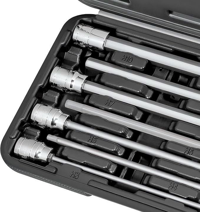 CARBYNE 7-Piece Metric Extra Long Hex (Allen) Bit Socket Set, 3mm to 10mm Sizes, 3/8 in. Drive, S2 Steel Bits, CrV Sockets ??From a Family-Run Tool Company Based in the U.S.A.
