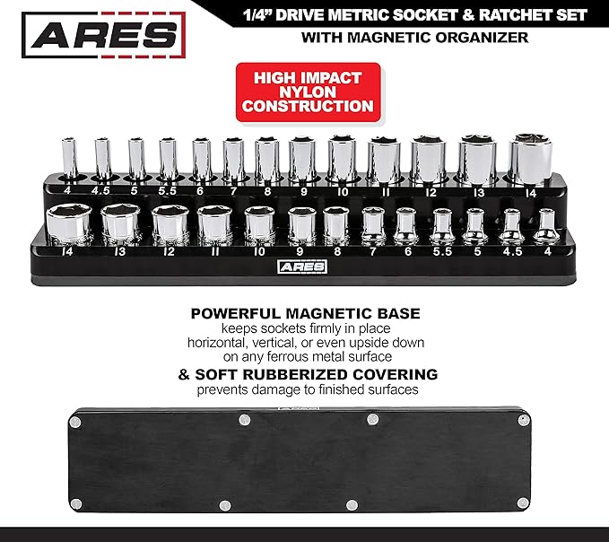 ARES 47003-28-Piece 1/4-inch Drive Metric Socket and 90-Tooth Ratchet Set with Magnetic Organizer - Sizes 4mm to 14mm Deep and Shallow Sockets