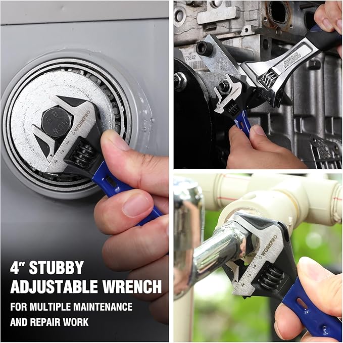 WORKPRO 4-Inch Stubby Adjustable Wrench, 0.94-Inch Extra Wide Jaw Opening Wrench, Metric/SAE Scales, Cr-V Steel, Ideal for Work in Confined Spaces