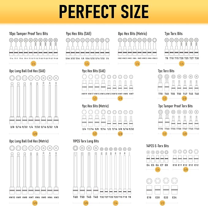 107-Piece Master Torx & Allen Bit Socket Set, S2 Steel, 1/4" 3/8" 1/2" Drive, Long Torx, Ball End Hex, Tamper-Resistant Star, E-Star Sockets, SAE & Metric (Phosphate-Black Set)