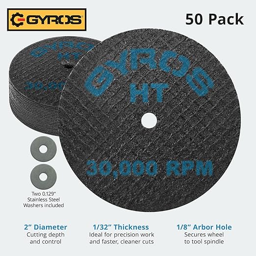 GYROS Cut-Off Wheels for Rotary Tools ??2??High-Tensile Fiberglass Reinforced, 50-Pack | Bulk for Cutting Hardened/Unhardened Steel, Steel Alloys, Hard Bronze, Metal | Made in USA 11-32208/50