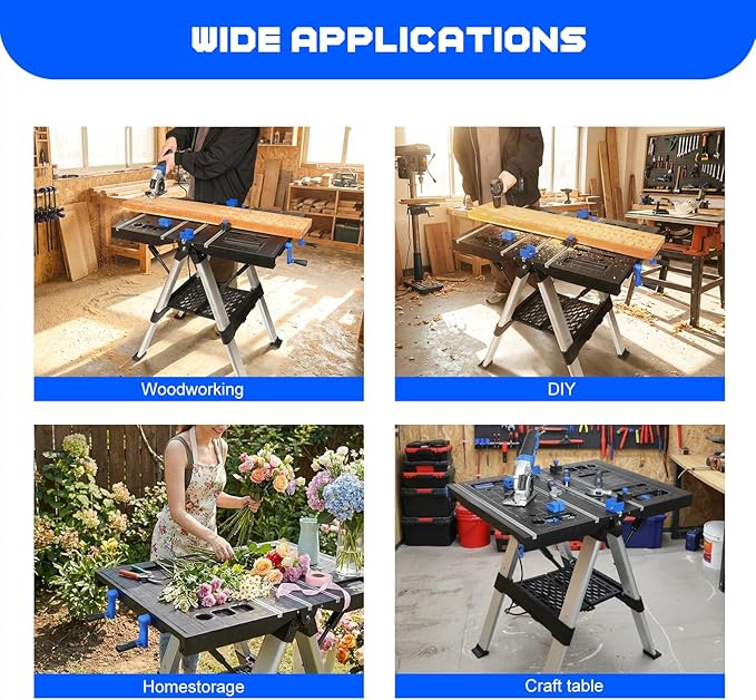 Folding Work Table, LAZYLAND 1PC 32" W x 25" D x 32" H Easy Setup Portable Folding Worktable & Sawhorse with 2pcs Quick Clamps, 2pcs Clamping Dogs for Garage/Woodworking/Construction/DIY