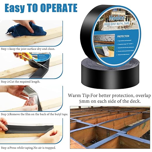 Deck Joist Tape 2''횞50',4 Pack Weather-Resistant Joist Tape for Decking,Waterproof Seal Antiseptic Butyl Decking Tape,Self-Adhesive Flashing JoistsTape for Wood Decks Beams Roof