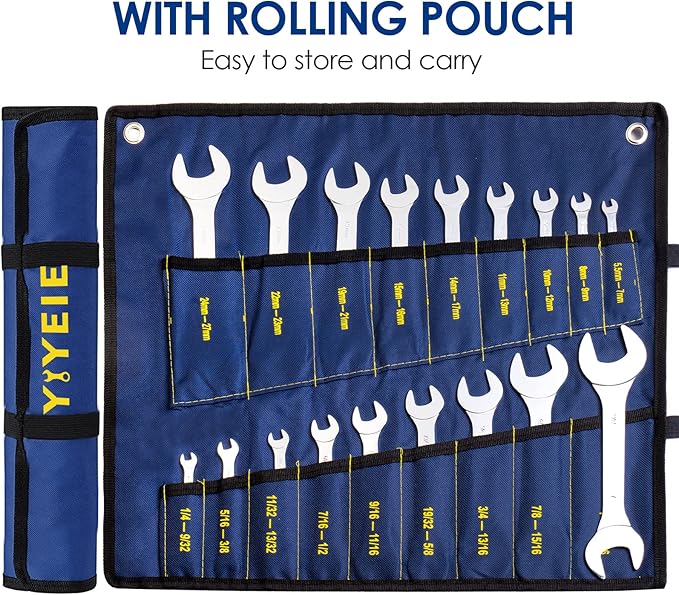 YIYEIE 18pcs Super-Thin Open End Wrench Set, Metric & SAE, 5.5mm to 27mm, 1/4" to 1-1/16", CR-V Steel with Mirror Finish, Ultra-Slim Wrench Set with Rolling Pouch