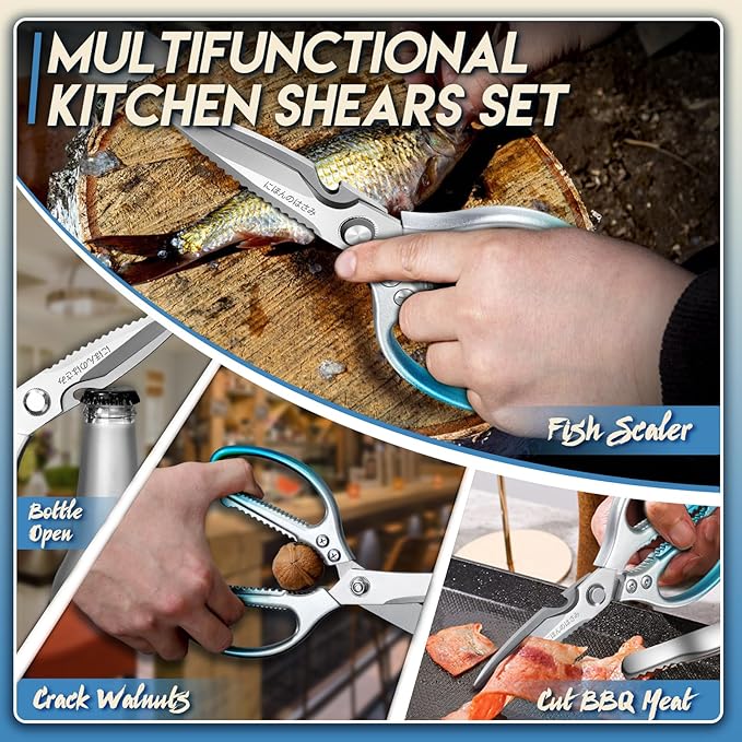 TIJERAS Kitchen Scissors Set Blue - Stainless Steel Kitchen Shear, Sharp Meat Scissors Dishwasher Safe, Heavy Duty Poultry Shears, Japanese Cooking Scissor for Food, Chicken,Turkey, Christmas Gifts