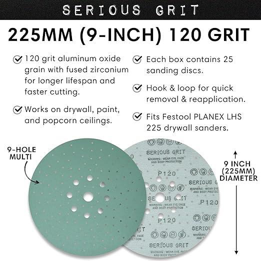 Serious Grit - 225mm 9-Hole 120 Grit Drywall Sanding Discs - Fits Festool Planex LHS 225 Sanders - Heavy-Duty Hook & Loop Film Abrasives - Dust-Free Multi-Hole Drywall Sander Sandpaper - 25 Pack