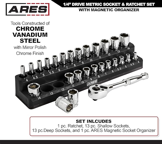 ARES 47003-28-Piece 1/4-inch Drive Metric Socket and 90-Tooth Ratchet Set with Magnetic Organizer - Sizes 4mm to 14mm Deep and Shallow Sockets