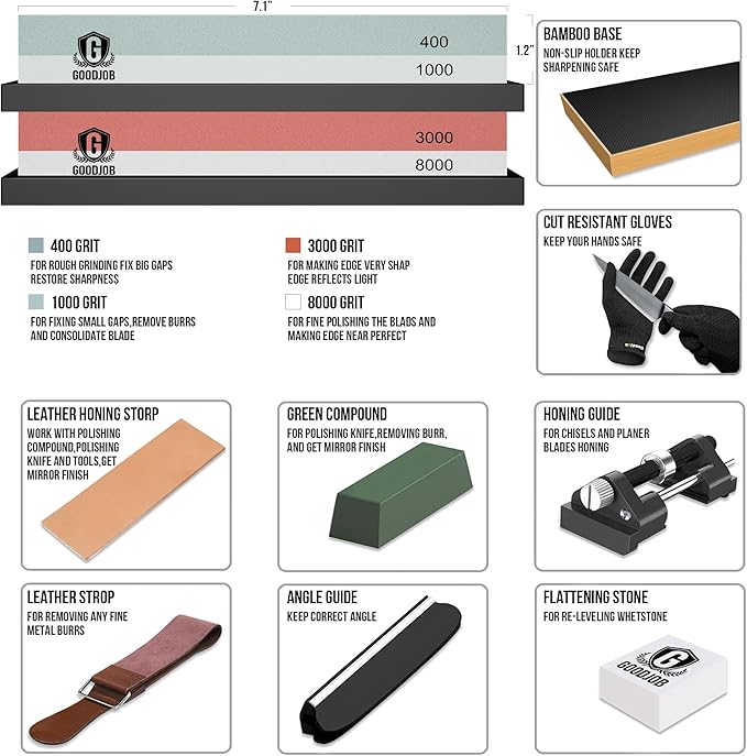 Complete Knife Sharpening Stone Kit - Goodjob Premium Whetstone Knife Sharpener Stone - Dual Grit 400/1000 3000/8000 Wet Stone Sharpening Kit with Cut Resistant Gloves, Honing Guide, Bamboo Base