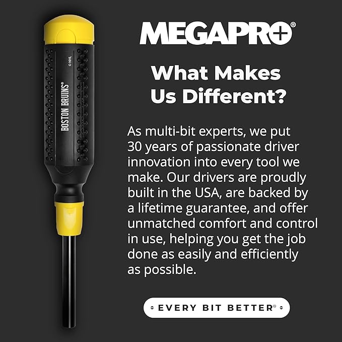 MEGAPRO짰 NHL짰 Team Edition Multi-bit Screwdriver | Officially Licensed NHL짰 Gear | Durable, Ergonomic, Pro-Grade Screwdriver (Boston Bruins짰)