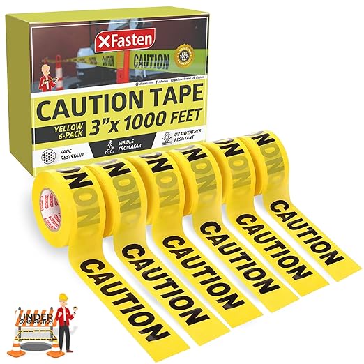 XFasten Yellow Caution Tape Roll Bulk, 3 in x 1000 ft (6-Pack), Thick and Durable Yellow Safety Tape for Barricades, Construction, Warning, and Hazard Areas ??Easy to Loop, Weatherproof, Non-Fading