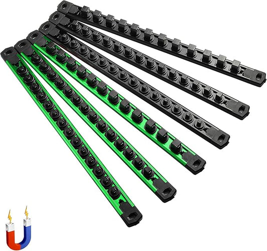 ALOANES 6-Piece Magnetic Socket Organizer, Heavy Duty Aluminum Socket Rails Organizer, 360째 Swivel Clips Socket Holder Kit for Tool Box, 1/2, 3/8, 1/4-Inch Socket Holder x 80 Clips (Green&Black)