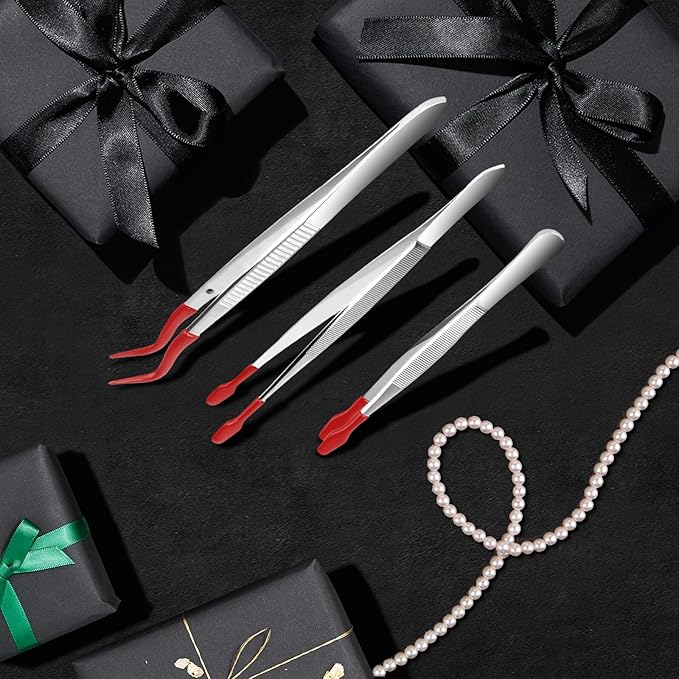 3PCS Tip Tweezers, Silicone Rubber Flat Tipped Tweezers Bent Tip for Jewelry Coin Stamp (Red)