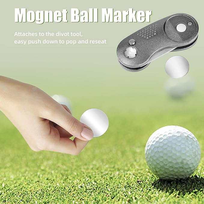Mile High Life Golf Divot Repair Tool, All Metal Foldable Divot Tool with Pop-up Button & Magnetic Ball Marker