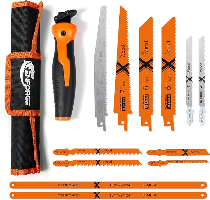 13-PC Multi Blades Hand Saw, Small Hacksaw, Mini HandSaw, Jab Saw, Small HandSaw for Wood, Drywall, Metel, Sheetrock, Plastic (with a Handle for Quick Blade Change)