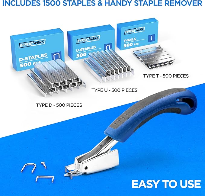 E?줨erk - 5-in-1 Staple Gun Set - Heavy-Duty Stapler w/ 1500 Staples & Staple Remover for Wood, Fabric, Carpet & Wire Mesh - Hand Tacker w/Power Adjustment for Construction, Crafts & Upholstery Work