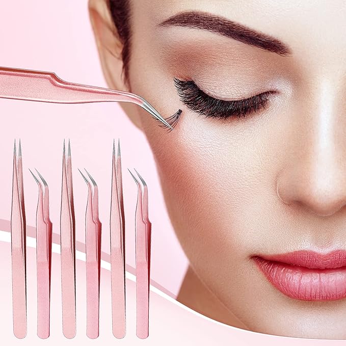 Mudder 6 Pcs Lash Tweezers High Precision Eyelash Tweezers for Lash Extension, Straight and Curved Tip, Stainless Steel for Volume Eyelash Cluster Tools Girls Women Beginners(Rose Gold)