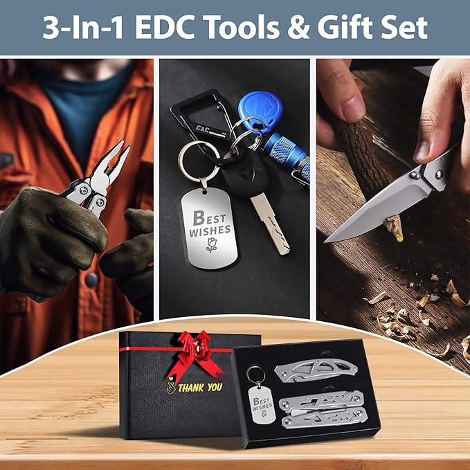 Multitools Gift Set ?쏷HANK YOU?? 14-in-1 Multi-tool Pliers & Pocket Knife Set with Keychain Tag, 3-Piece EDC Kit for Camping, Hiking - Premium Gift Box for Birthday, Christmas, Thanksgiving Day